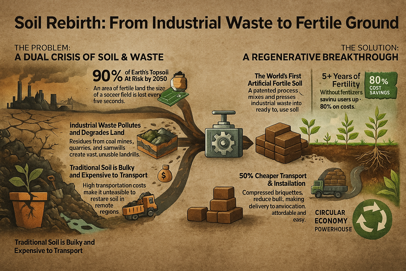 Soil Rebirth: From Industrial Waste to Fertile Ground - Complete process infographic